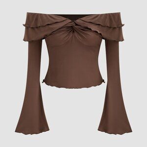 Brown Off-Shoulder Flare Sleeve Top – Ruched Front – Size XL
